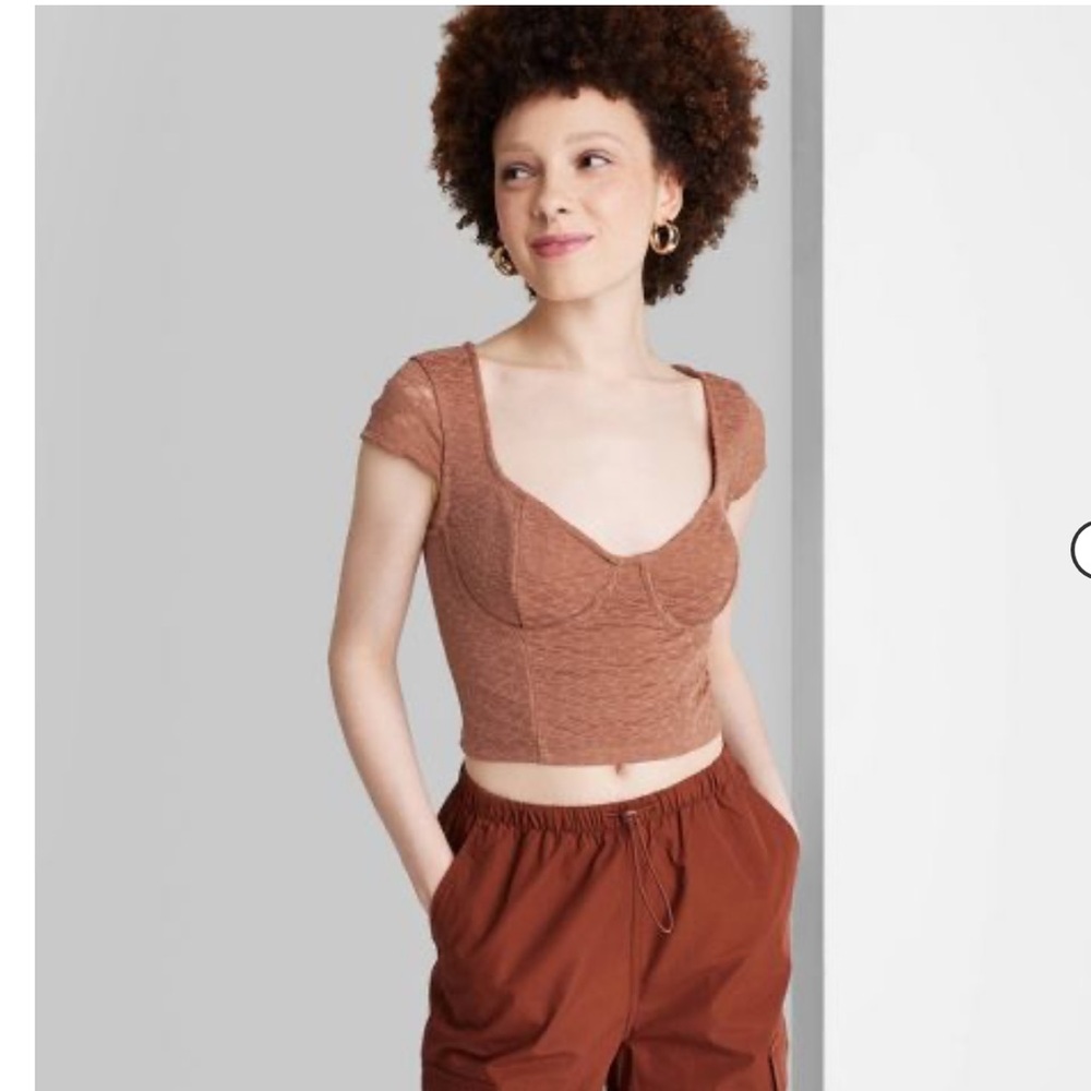 NWT! Women's Short Sleeve Lace Bustier T-Shirt - Wild Fable Light Brown XXS
